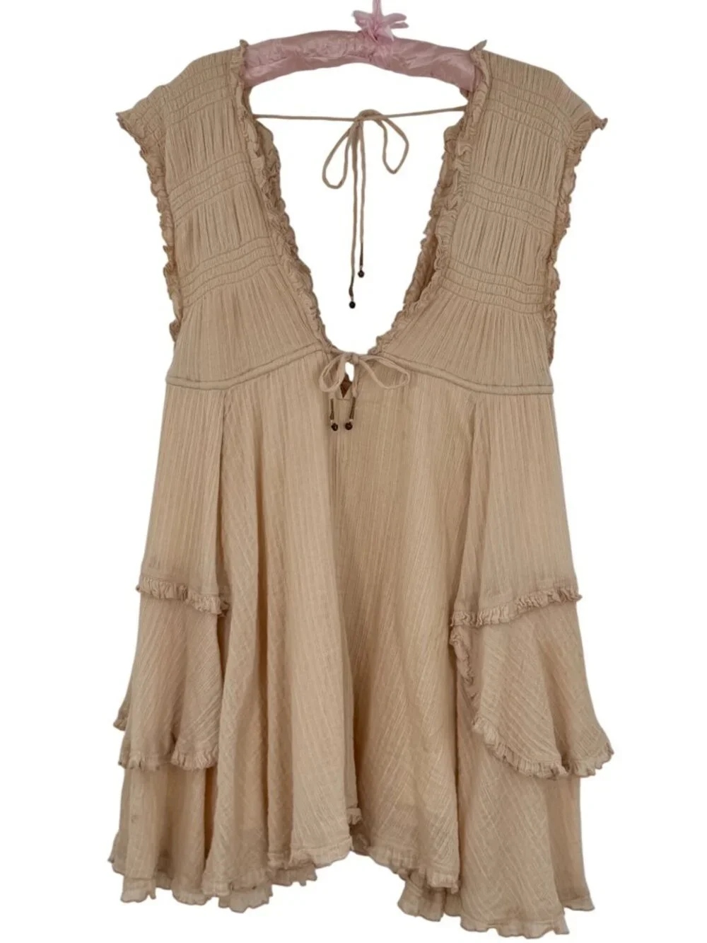 Free People Beige Layered Ruffle Ruched V-Neck Mini Dress S | Coastal Boho Indie - Picture 2 of 13